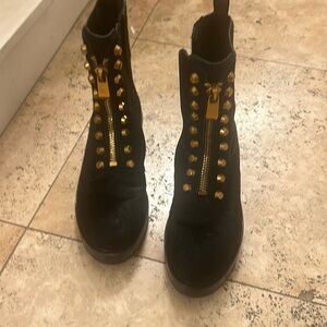 Fake calf hair boot w copper stud detail